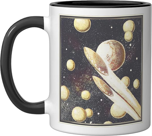 Retro Sci-Fi UFOs Flying Saucers Through Space Ceramic Mug, Black/White