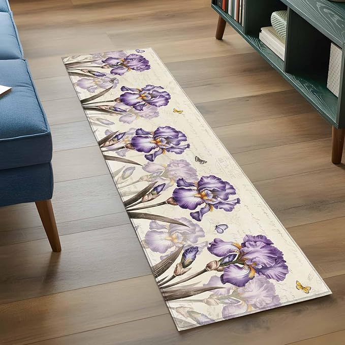 Runner Rug for Bedroom Hallway, Pastoral Purple Flower Watercolor Kitchen Runner Rugs Area Rug 2x6ft, Country Botanical Butterflies Washable Soft Floor Carpet for Entryway Stair