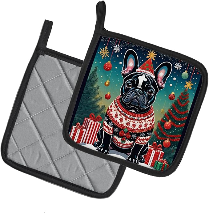 Caroline's Treasures Black French Bulldog Christmas Pair of Pot Holders Kitchen Heat Resistant Pot Holders Sets Oven Hot Pads for Cooking Baking BBQ, 7 1/2 x 7 1/2
