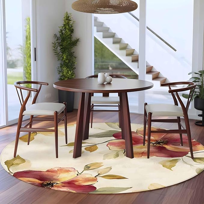 Washable Round Area Rug Oil Painting Style Flowers Circle Rugs Floor Carpet for Living Room Bedroom, Vintage Country Floral Soft Non Slip Round Rug 5ft