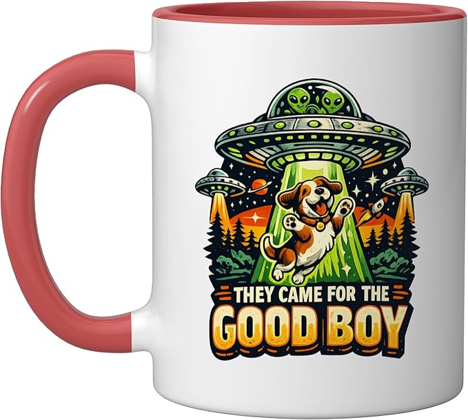 Retro sci-fi dog ufo humor they came for the good boy Ceramic Mug, Red/White
