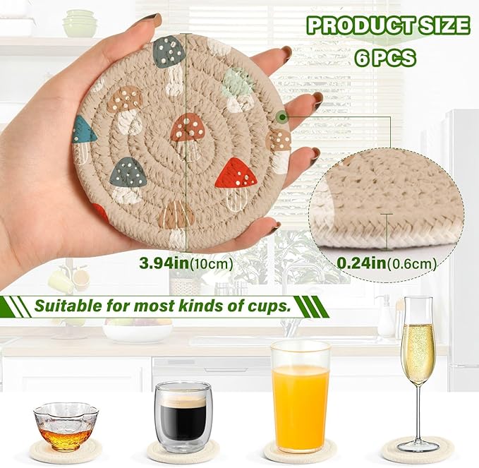 YETTASBIN Mushrooms 6 Pcs Drink Coasters with Holder, Cotton Woven Absorbent Heat-Resistant Round Coaster Non-Slip Table Mat for Kitchen Bar Home Decor Housewarming Gift, 3.9 in