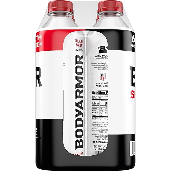 BODYARMOR SportWater Alkaline Water, High Alkaline Bottled Water, pH 9+, 1 Liter (6 Pack), Refreshing Electrolyte Water Pack, Wide Mouth Bottle