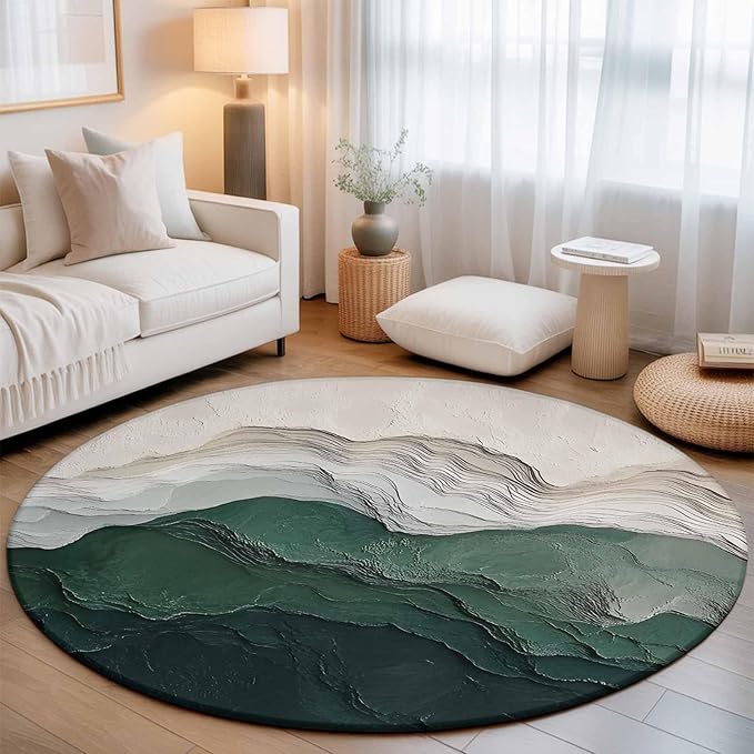 Washable Round Area Rug Rustic Green Gray White Mountain Range Circle Rugs Floor Carpet for Living Room Bedroom, Abstract Art Soft Non Slip Round Rug 5ft