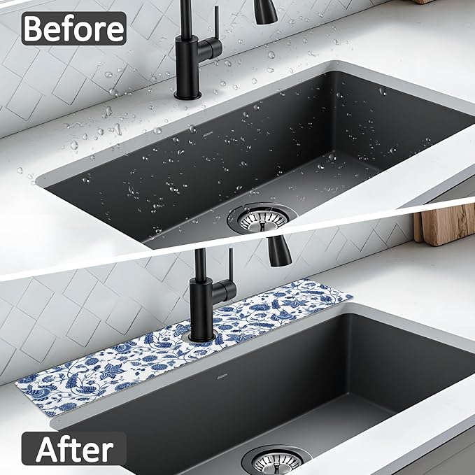 24" X 5.5" Kitchen Sink Splash Guard Faucet Mat Flora Super Absorbent Fast Drying Faucet Guard & Draining Mat Sink Splash Guard Behind Faucet for Kitchen, Bathroom