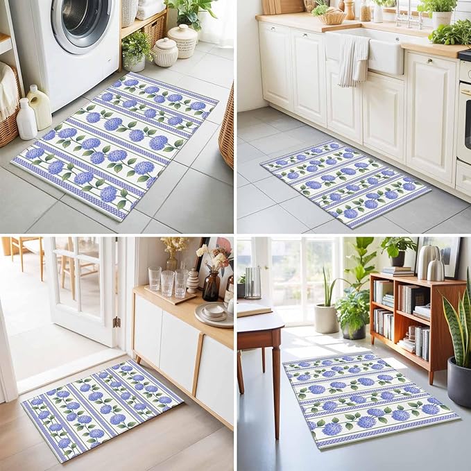 Area Rug 2x3ft, Garden Purple Hydrangea Flower Washable Rugs for Living Room Bedroom, Watercolor Floral Leaves Soft Non-Slip Area Rugs Rectangle Floor Carpet for Dining Room