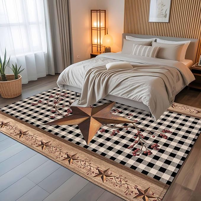 Brown Texas Star Retro 6x9 Area Rugs, Country Star Non-Skid Rubber Backing Large Rectangle Rugs - Living Room Bedroom Home Office, Black White Plaid Wooden Indoor Floor Mat Carpets Washable Rug