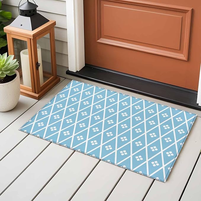 Area Rug 2x3ft, Boho Blue White Plaid Line Washable Rugs for Living Room Bedroom, Abstract Geometric Diamond Soft Non-Slip Area Rugs Rectangle Floor Carpet for Dining Room