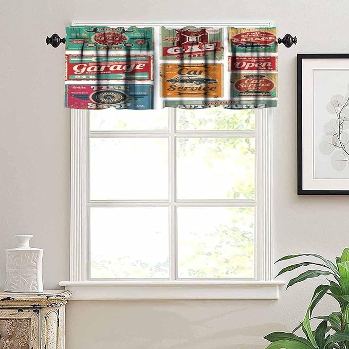 Retro 1950s Valance Curtain Vintage Car Service and Gas Station Metal Signs Windows Short Curtains Valances for Kitchen Living Room Bathroom Bedroom Decor with Rod Pocket, One Panel 54X18 Inches