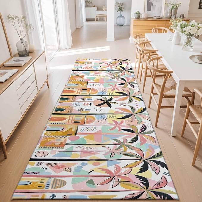 Runner Rug for Bedroom Hallway, Boho Summer Artistic Palm Trees Kitchen Runner Rugs Area Rug 2x6ft, Abstract Buildings Washable Soft Floor Carpet for Entryway Stair