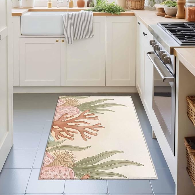 Area Rug 2x3ft, Ocean Coral Seaweed Shell Reef Washable Rugs for Living Room Bedroom, Watercolor Marine Theme Soft Non-Slip Area Rugs Rectangle Floor Carpet for Dining Room