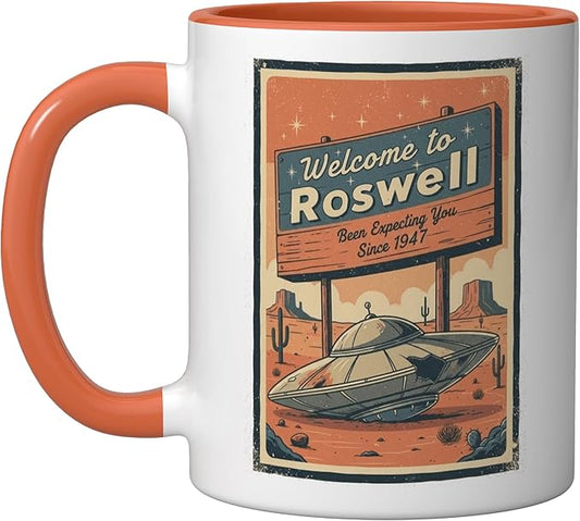 Roswell UFO Retro Tourism Souvenir Flying Saucer Crash Alien Ceramic Mug, Orange/White