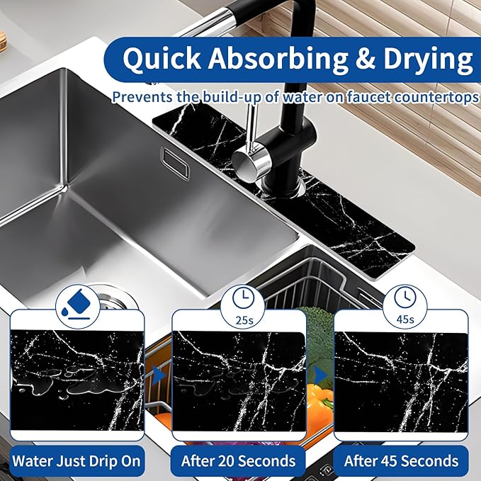 Kitchen Sink Splash Guard - Kitchen Faucet Mat, Diatomaceous Earth Kitchen Sink, Faucet Handle Drip Catcher, Bathroom Sink Faucet Mat for Countertop (15.75 * 3.93 in, Black)