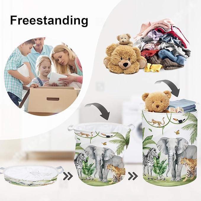 Safari Animals Baby Laundry Hamper Collapsible Clothes Kids Storage Basket Giraffe Lion Large Boys Girls Gift Toy Box Bin for Nursery, Monkey, 63L