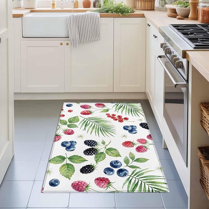 Area Rug 2x3ft, Farm Fruit Berry Cherry Blueberry Washable Rugs for Living Room Bedroom, Watercolor Mulberry Leaves Soft Non-Slip Area Rugs Rectangle Floor Carpet for Dining Room