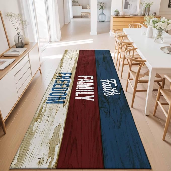 Runner Rug for Bedroom Hallway, Independence Day USA Flag Kitchen Runner Rugs Area Rug 2x6ft, Vintage Wooden Grain Washable Soft Floor Carpet for Entryway Stair