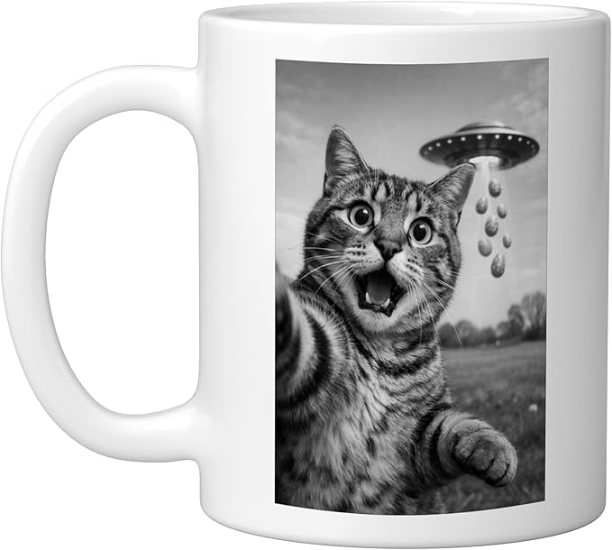 Funny Cat Selfie Easter Eggs Alien UFO Abduction Men Women Ceramic Mug, White