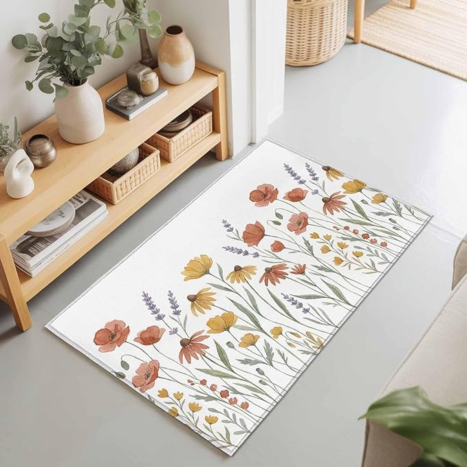 Area Rug 2x3ft, Watercolor Daisies Lavender Washable Rugs for Living Room Bedroom, Country Floral Art Soft Non-Slip Area Rugs Rectangle Floor Carpet for Dining Room