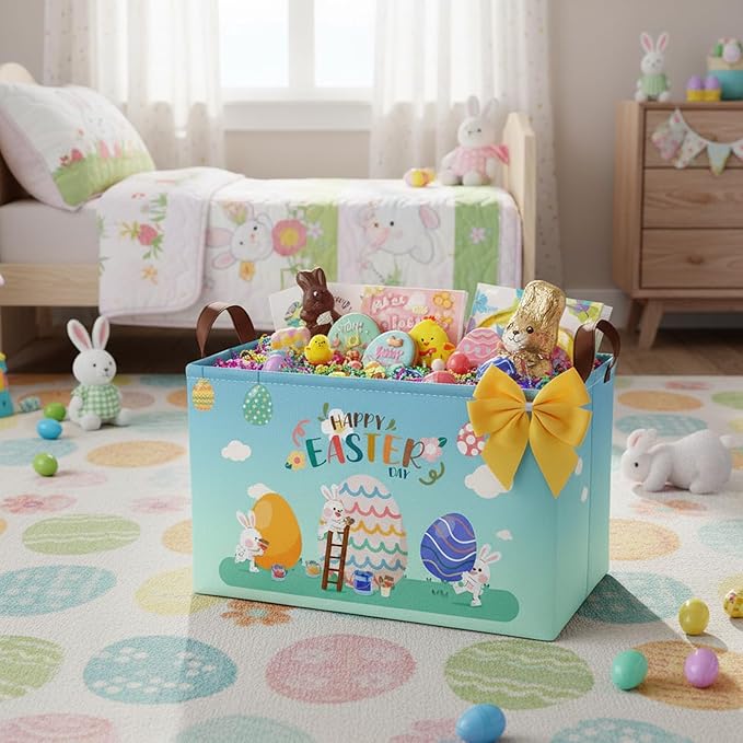 Large Rectangular Cute Kid Easter Basket Empty Bunny Eggs Easter Basket Gift Spring Room Storage Organizer Décor (E-10)