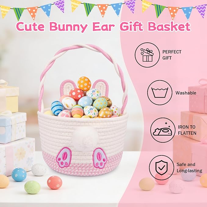 Personalized Easter Basket for Toddler, Bunny Basket for Kids,Empty Woven Rope Cotton for Eggs,Easter Egg Hunt Storage Bin with Handle, Baby Nursery Candy for Boys and Girls, 9''×12''