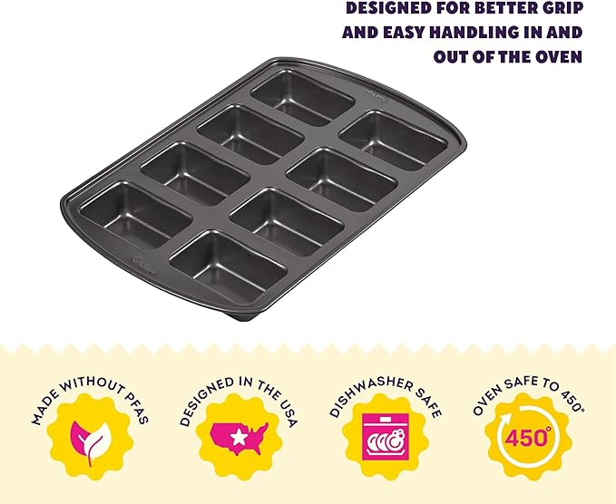 Wilton Gold Non-Stick Bakeware Mini Loaf - Baking Pan for Mini Banana Breads, Cakes & More - Made Without PFAS - Offers Even Heat Distribution & Hassle-Free Cleaning - 15 x 10 x 1.6 Inch, 8 Cavity