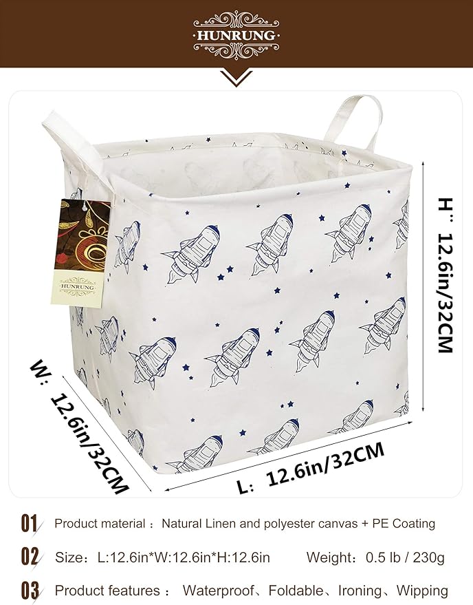 HUNRUNG Square Storage Bins Nursery Hamper Canvas Laundry Basket Foldable with Waterproof Nursery Boxes for Shelves/Gift Baskets/Toy Organizer/Office, Bedroom (Square-Space airship)