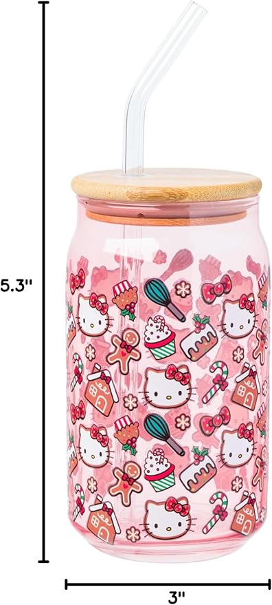 Silver Buffalo Sanrio Hello Kitty Gingerbread Cookies Christmas Holiday Pink Glass Jar Tumbler with Bamboo Lid and Glass Straw, 16 Ounces