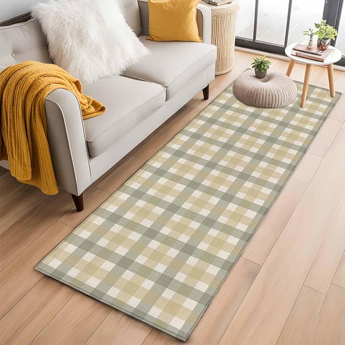 Runner Rug for Bedroom Hallway, Farmhouse Vintage Beige Tan Buffalo Plaid Kitchen Runner Rugs Area Rug 2x6ft, Rustic Linen Washable Soft Floor Carpet for Entryway Stair