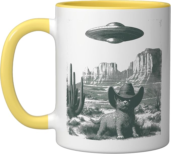 Desert Cat in Hat UFO Encounter Vintage Engraving Ceramic Mug, Yellow/White