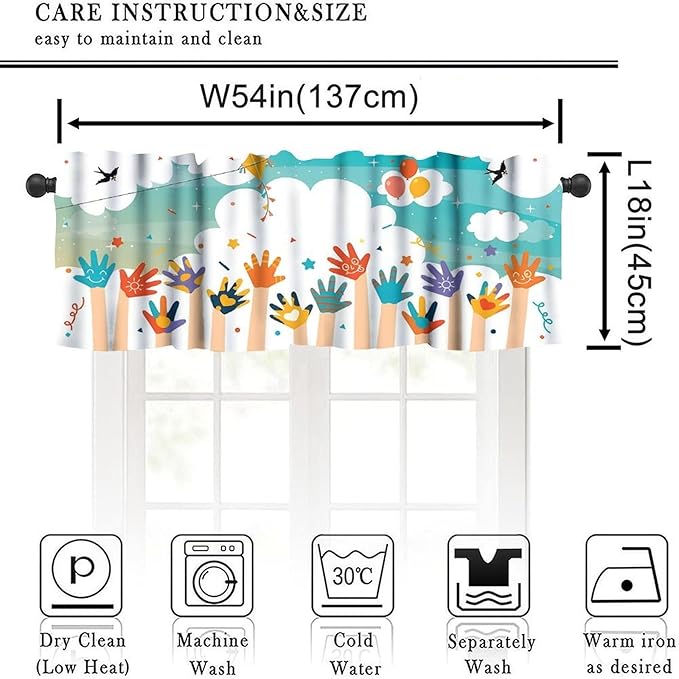 Children's Day Valance Curtain, Cartoon Handprint Birds Blue Sky Clouds Window Drapes for Kids Bedroom Living Room Classroom Home Decor, 54x18Inch