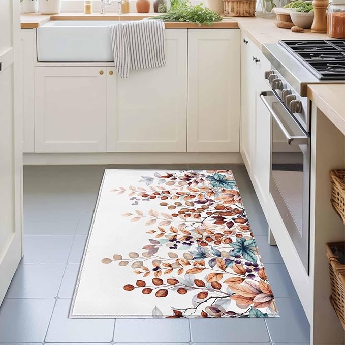 Area Rug 2x3ft, Fall Orange Watercolor Eucalyptus Leaves Washable Rugs for Living Room Bedroom, Fallen Leaf on White Soft Non-Slip Area Rugs Rectangle Floor Carpet for Dining Room
