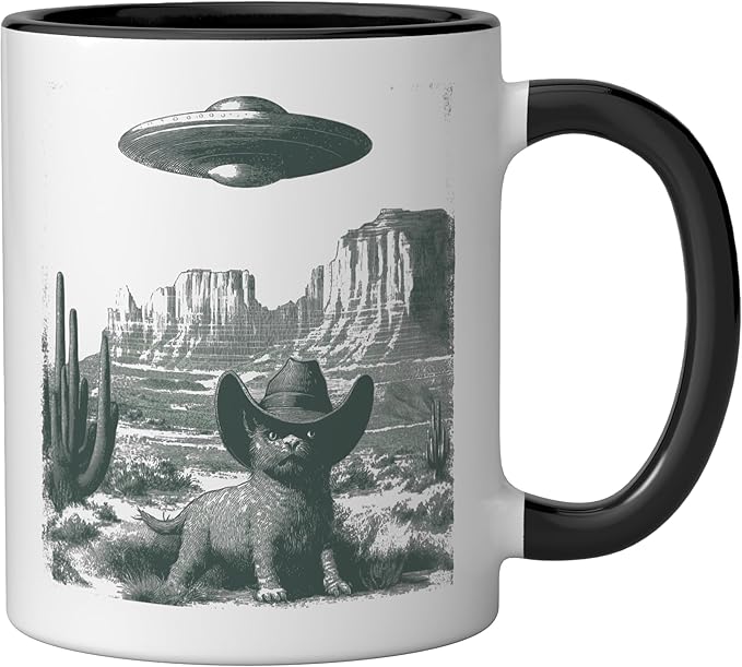 Desert Cat in Hat UFO Encounter Vintage Engraving Ceramic Mug, Black/White