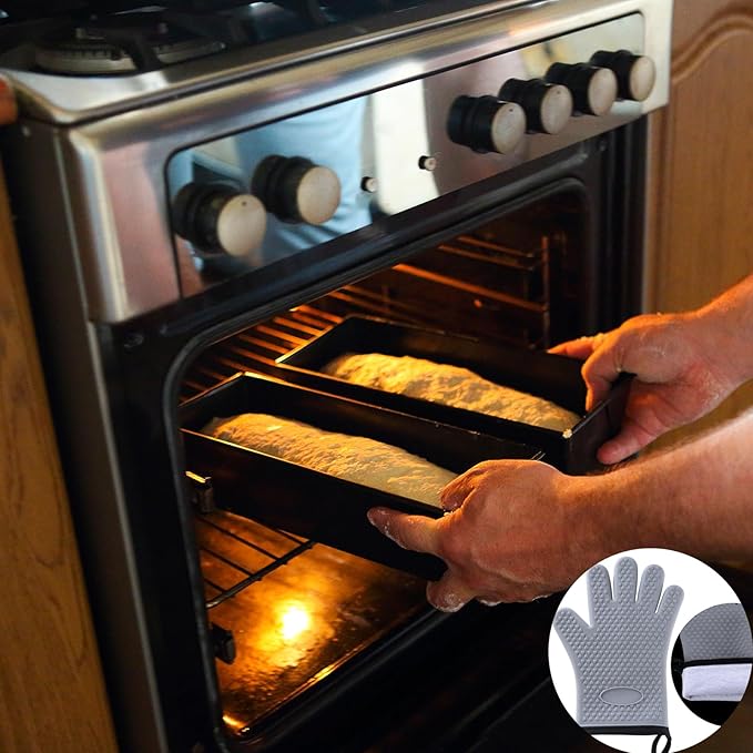 Silicone Oven Mitts with Fingers 2 Pack, Heat Resistant 500°F, Non‑Slip Waterproof Grey Kitchen Oven Gloves with Soft Cotton Lining for Baking, Grilling, BBQ