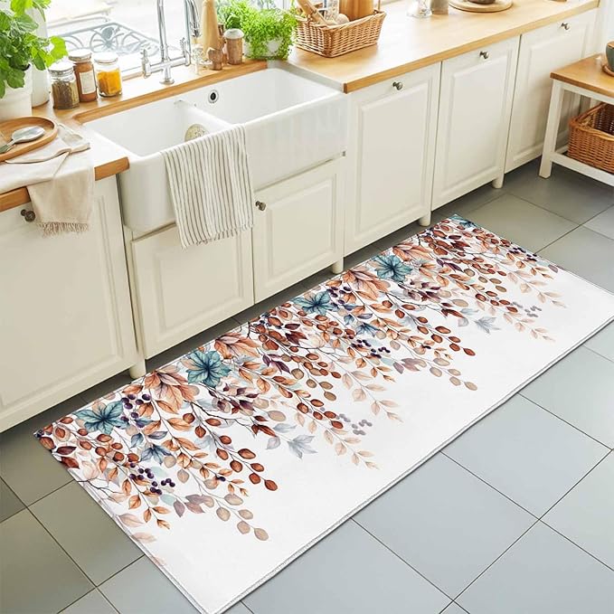 Runner Rug for Bedroom Hallway, Fall Orange Watercolor Eucalyptus Leaves Kitchen Runner Rugs Area Rug 2x6ft, Fallen Leaf on White Washable Soft Floor Carpet for Entryway Stair