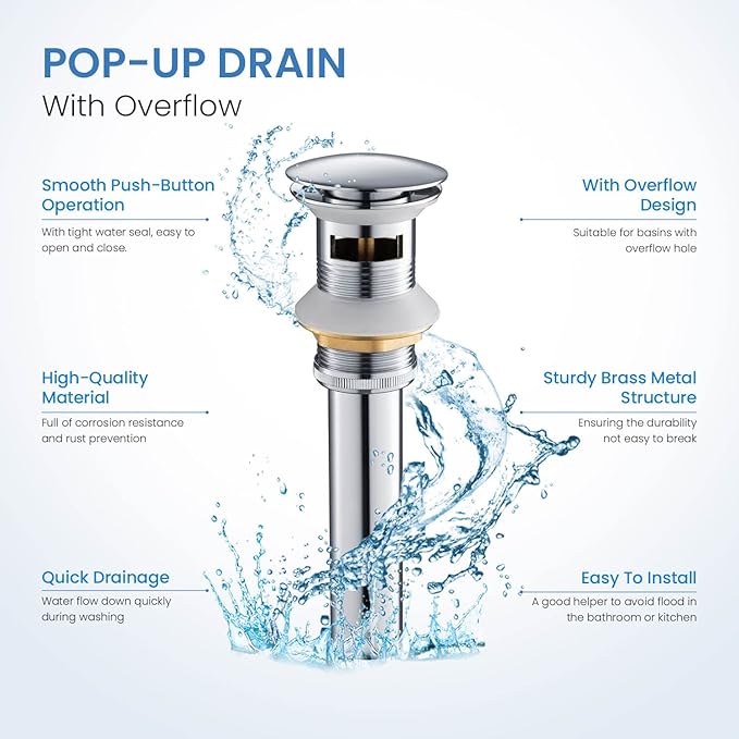 KIBI Sink Pop-Up Drain with Overflow – Full Cover Lavatory Drain Stopper, Chrome Finish, Leak-Proof Bathroom Sink Drain, Easy Install, Universal Fit, Durable Vanity Basin Accessory