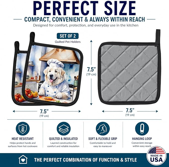 Caroline's Treasures Great Pyrenees The Chef Pair of Pot Holders Kitchen Heat Resistant Pot Holders Sets Oven Hot Pads for Cooking Baking BBQ, 7 1/2 x 7 1/2