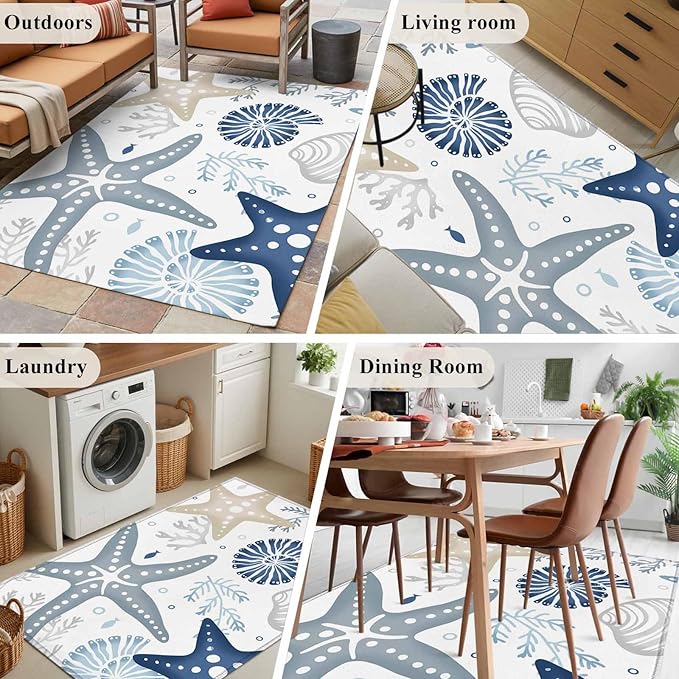 Area Rug 4x6ft, Ocean Starfish Shell Conch Washable Rugs for Living Room Bedroom, Sea Blue Coral Seamless Soft Non-Slip Area Rugs Rectangle Floor Carpet for Dining Room