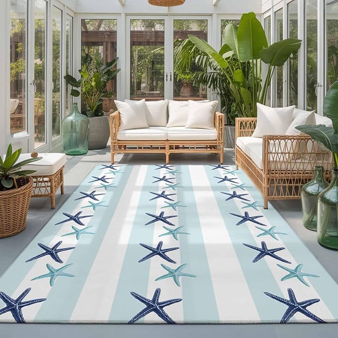Area Rug 3x5ft, Summer Coastal Starfish Blue Teal Washable Rugs for Living Room Bedroom, Watercolor Ocean Theme Stripe Soft Non-Slip Area Rugs Rectangle Floor Carpet for Dining Room