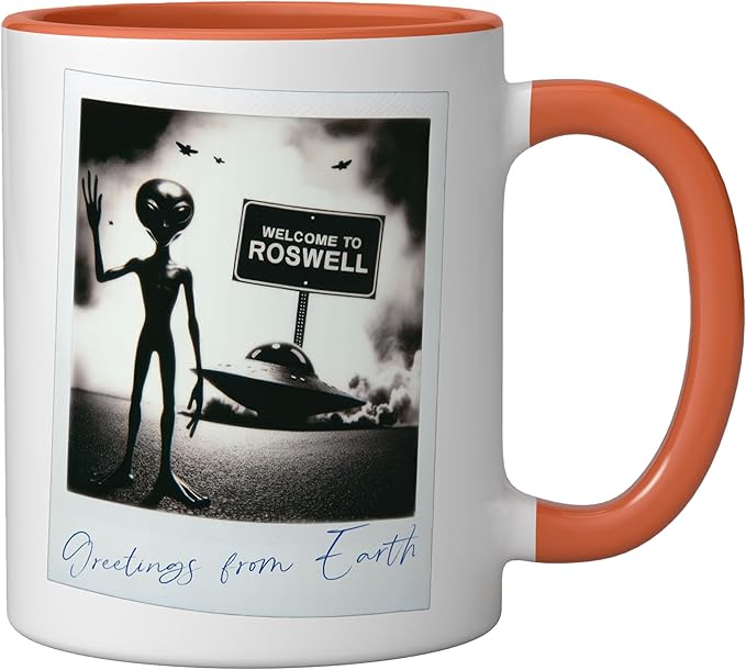 Vintage Alien UFO Crash At Roswell 1947 Photo Ceramic Mug, Orange/White