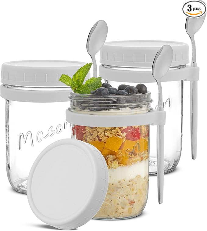 JoyJolt 3-Pack Glass Overnight Oats Jars with Lids and Spoons Set (16 oz), Mason Jars for Overnight Oats, Chia Pudding Jars with Lids - BPA-Free, Leak Proof Small Containers for Meal Prep