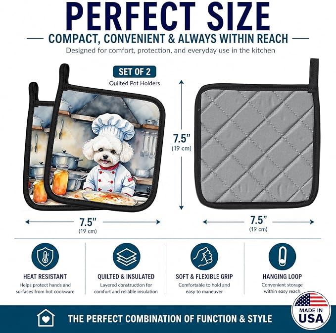 Caroline's Treasures Bichon Frise The Chef Pair of Pot Holders Kitchen Heat Resistant Pot Holders Sets Oven Hot Pads for Cooking Baking BBQ, 7 1/2 x 7 1/2