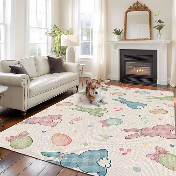 Area Rug 6x9ft, Happy Easter Cute Plaid Bunny Washable Rugs for Living Room Bedroom, Colorful Egg Leaves Farm Linen Soft Non-Slip Area Rugs Rectangle Floor Carpet for Dining Room