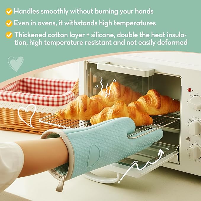 Silicone Oven Mitts Heat,1 Pair Non-Slip Five-Finger Oven Gloves, Waterproof Flexible BBQ Grilling Gloves with Hanging Loops, Kitchen Mitts for Baking Cooking Frying (Green)