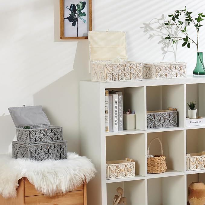 Decorative Boho Storage Baskets with Lid Bohemian Macrame Jewelry Box Handmade Natural Cotton Rope Woven Bins Memory Keepsake Photo Makeup Organizer Shelf Container (Off White, Small)