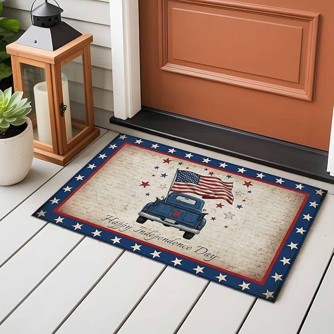 Area Rug 2x3ft, Happy Independence Day USA Flag Washable Rugs for Living Room Bedroom, Retro Blue Truck Soft Non-Slip Area Rugs Rectangle Floor Carpet for Dining Room