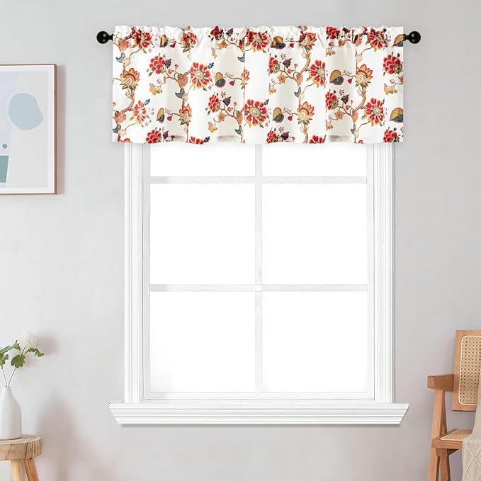Leeva Floral Linen Valances for Kitchen Windows – Light Filtering Short Window Curtain with Rod Pocket Design, Decorative Valance for Farmhouse or Cafe, 60" W x 18" L