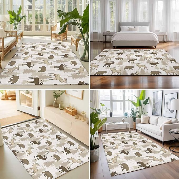 Area Rug 8x10ft, Animal Moose Bears Washable Rugs for Living Room Bedroom, Retro Rustic Pine Trees Soft Non-Slip Area Rugs Rectangle Floor Carpet for Dining Room