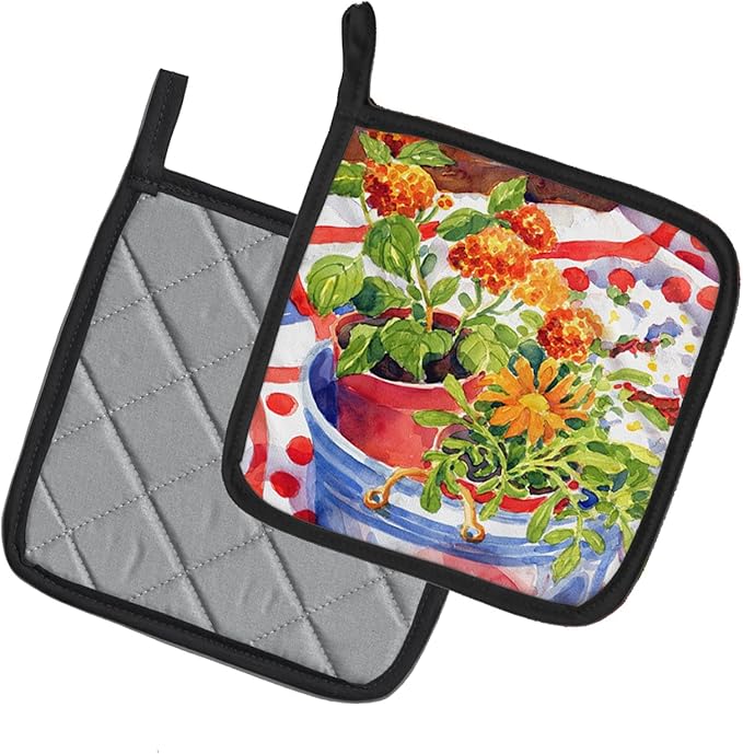 Caroline's Treasures 6058PTHD Flowers with a Side of Lemons Pair of Pot Holders Kitchen Heat Resistant Pot Holders Sets Oven Hot Pads for Cooking Baking BBQ, 7 1/2 x 7 1/2