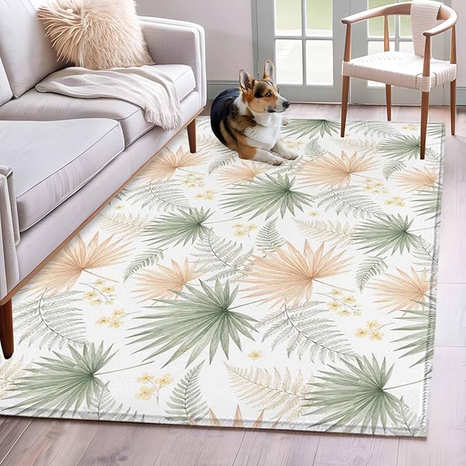 Area Rug 4x6ft, Boho Tropical Palm Washable Rugs for Living Room Bedroom, Watercolor Seamless Background Soft Non-Slip Area Rugs Rectangle Floor Carpet for Dining Room