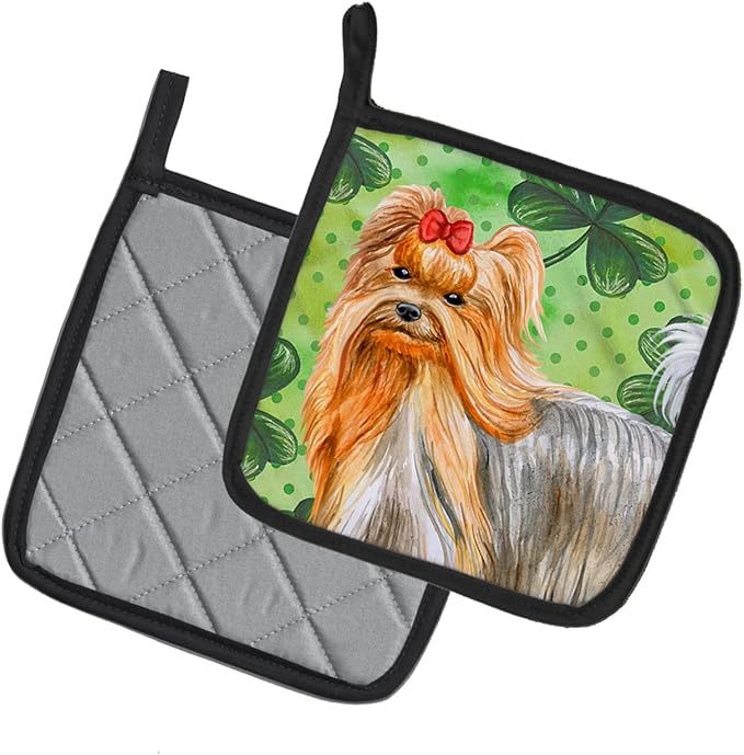 Caroline's Treasures BB9859PTHD Yorkshire Terrier St Patrick's Pair of Pot Holders, Green Kitchen Heat Resistant Pot Holders Sets Oven Hot Pads for Cooking Baking BBQ, 7 1/2 x 7 1/2